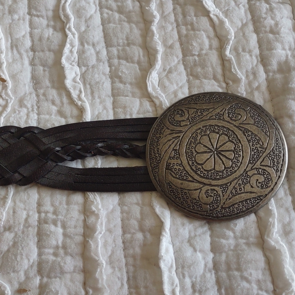 Black braided leather belt silver conche buckle